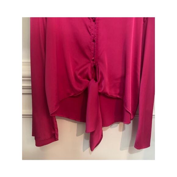 Hutch Blouse Medium Tie Waist Hot Pink Bell Sleeve Silky Button Front - Picture 8 of 9